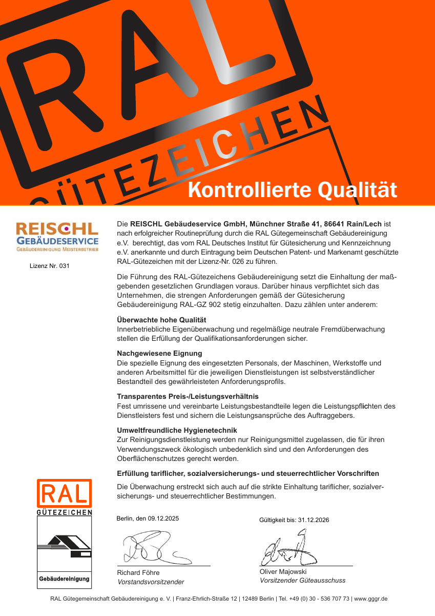 RAL-Urkunde Gebäudereinigung 2026 – Reischl Gebäudeservice