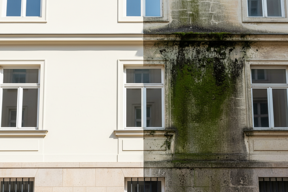 zeige eine Fassade, die auf einer Seite gepflegt und auf der anderen Seite wo ablgerungn wie algen, moos, feinstaub und schimmel zu sehen ist